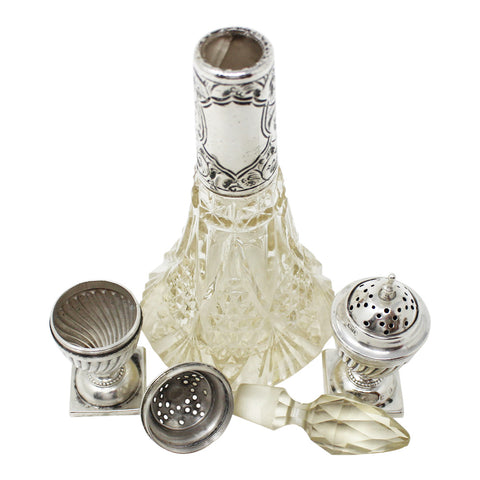 Antique Edwardian Era Cruet Set Sterling Silver Crystal Oil & Vinegar Bottle and Two Pepper Shakers