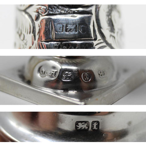 Antique Edwardian Era Cruet Set Sterling Silver Crystal Oil & Vinegar Bottle and Two Pepper Shakers