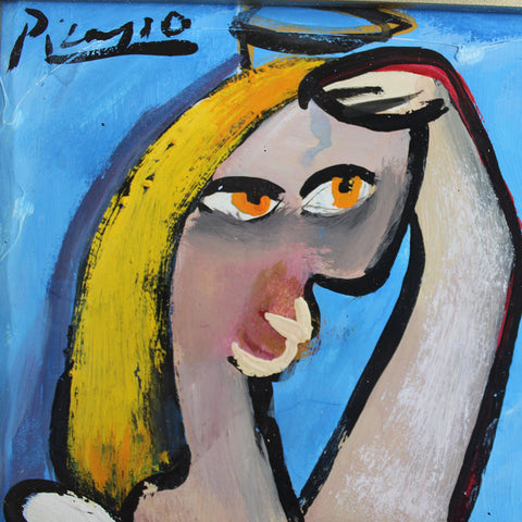 Antique, Early 20th Century Picasso Inspired Watercolour and Gouache Painting of Angel, Framed