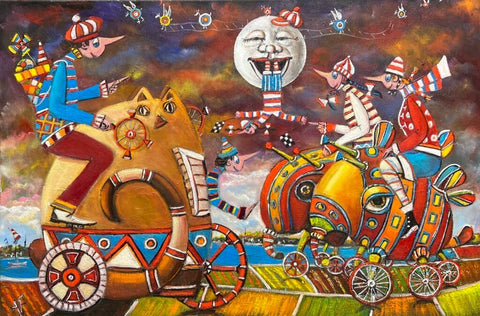 A wonderful piece of art.

In a whimsical dance of color and imagination, this remarkable piece harks back to the vibrancy of Surrealism, yet with a playful nod to folk art influences. The canvas teems with bold, cartoonish figures astride fantastical contraptions that evoke childhood dreams of mechanical rides. The sky, a swirling tapestry of deep purples and warm oranges, provides a dramatic stage for the comically smiling moon and its orbit of cheerful stars.

The palette is a carnival of reds, blues, an