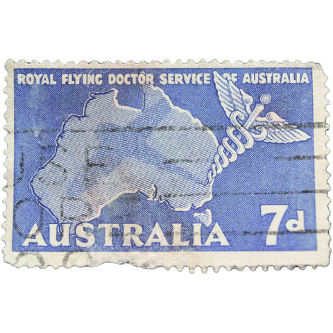 Australia 1957 7 d - Australian Penny Used Postage Stamp Map of Australia and Caduceus