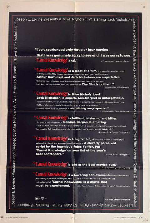 Affiche de film originale américaine (One Sheet) de Carnal Knowledge (1971)