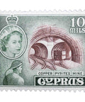 Cyprus 1955 Queen Elizabeth II and Copper Pyrites Mine 10 Cypriot mil Stamp