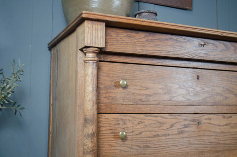 Antique French Solid Oak Column Chest of Drawers