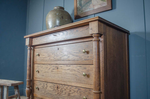 Antique French Solid Oak Column Chest of Drawers