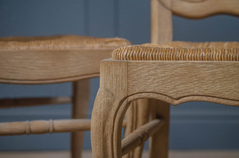 French Extending Oak Parquet Dining Table & Six Rush Seat Chairs