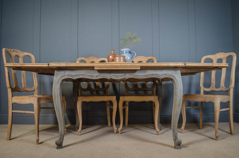 French Extending Oak Parquet Dining Table & Six Rush Seat Chairs