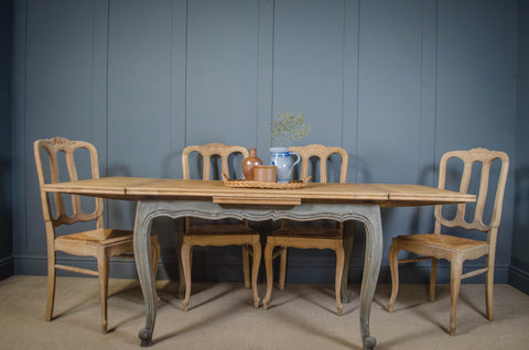French Extending Oak Parquet Dining Table & Six Rush Seat Chairs