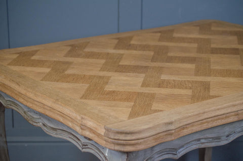 French Extending Oak Parquet Dining Table & Six Rush Seat Chairs