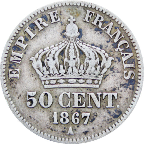 France 1867 50 Centimes Napoleon III Coin Silver