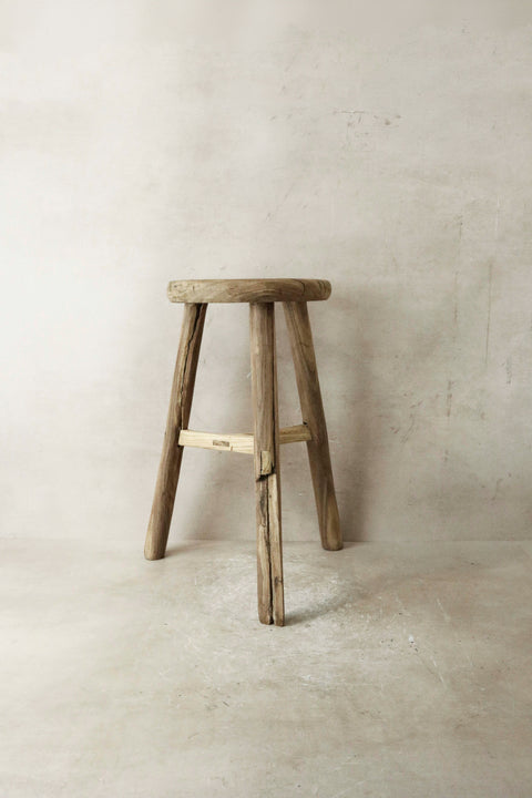 Vintage Rustic Elm Wood Stool - Round - No 27