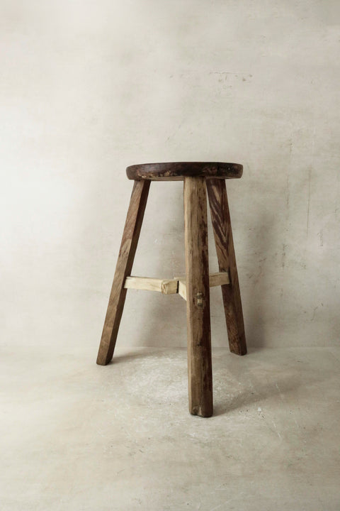 Vintage Rustic Elm Wood Stool - Round - No 28