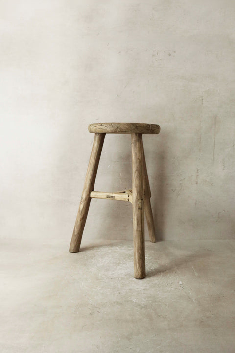 Vintage Rustic Elm Wood Stool - Round - No 27