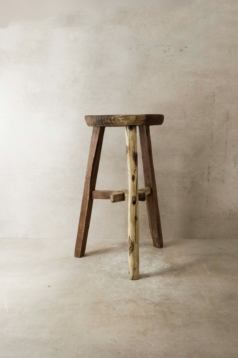 Vintage Rustic Elm Wood Stool - Round - No 23