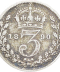 Great Britain Queen Victoria 1890 3 Pence Silver Coin (2nd portrait)