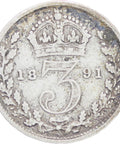 Great Britain Queen Victoria 1891 3 Pence Silver Coin (2nd portrait)