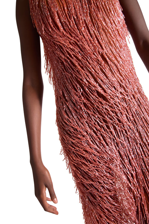Handbesticktes, transparentes Kleid mit Quasten