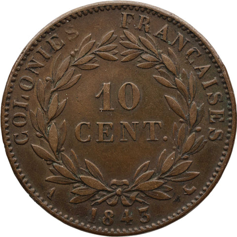 1843 A 10 Centimes French Colonies Coin Louis Philippe I