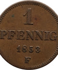 1853 F 1 Pfennig Kingdom of Saxony Coin Frederick Augustus II