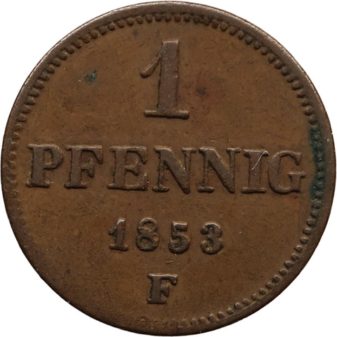 1853 F 1 Pfennig Kingdom of Saxony Coin Frederick Augustus II