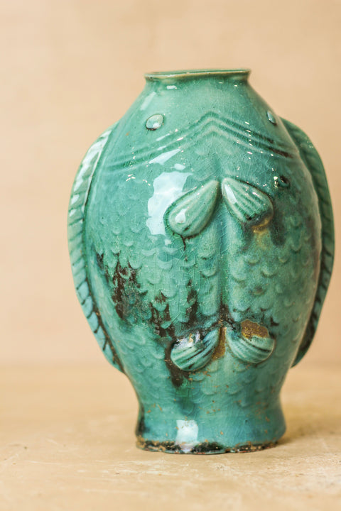 Vintage-Vase mit türkisfarbenen Zwillingsfischen – Nr. 3