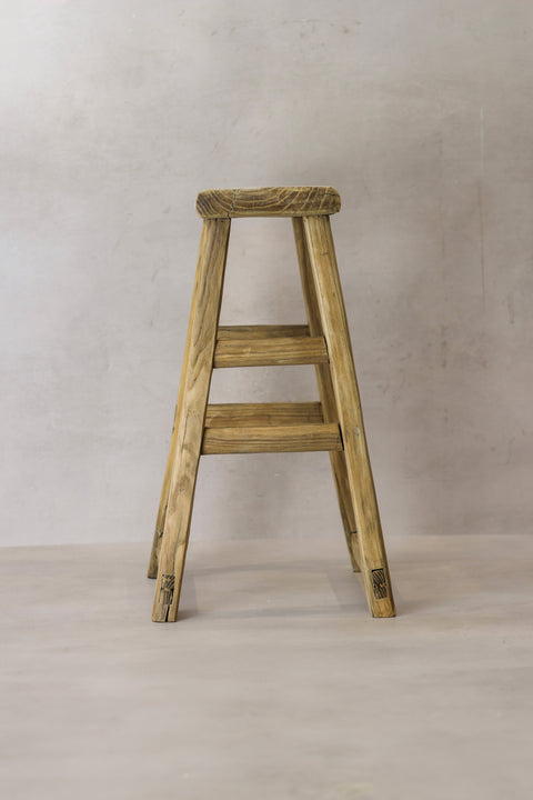 Vintage Rustic Elm Wood Stool - Medium - No 68