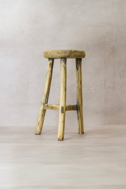 Rustikaler Vintage-Hocker aus Ulmenholz – Rund – Nr. 49