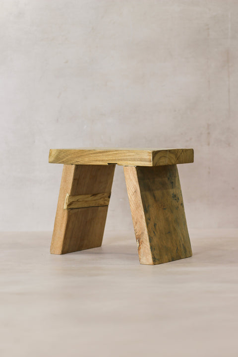 Vintage Rustic Square Elm Wood Stool - Small - No 8