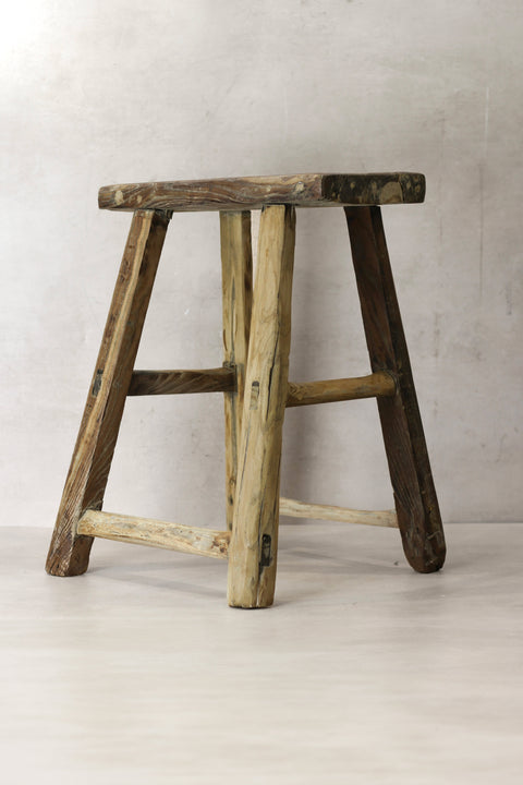Vintage Rustic Elm Wood Stool - Medium - No 71