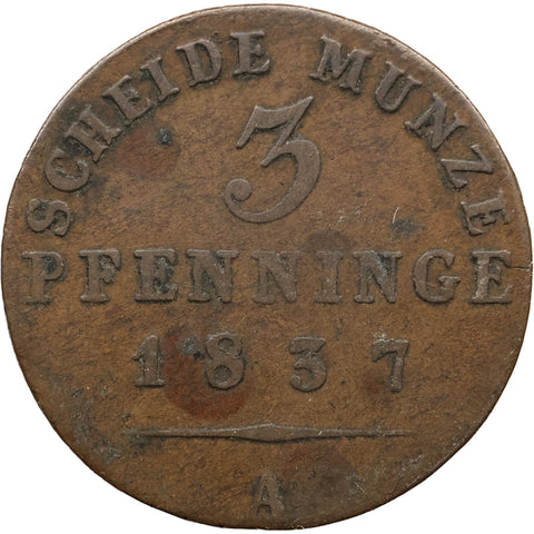 1837 A 3 Pfennigs Kingdom of Prussia Coin Frederick William III Berlin