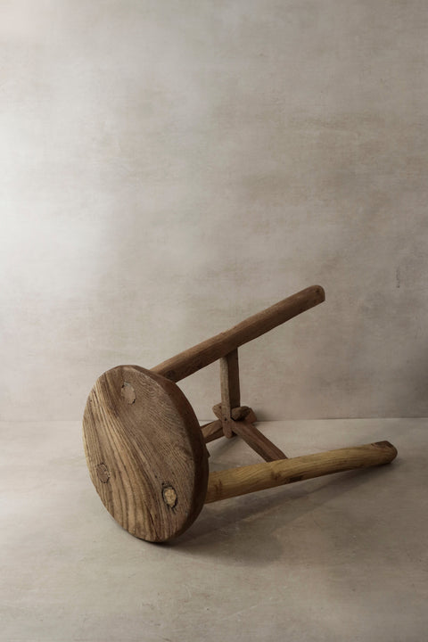 Vintage Rustic Elm Wood Stool - Round - No 1