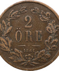 1861 LA 2 Öre Sweden Coin Carl XV