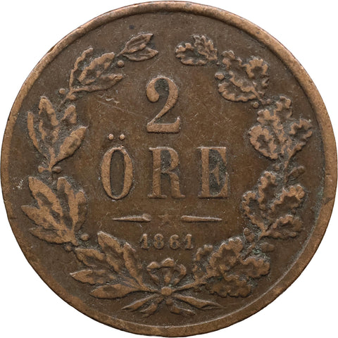 1861 LA 2 Öre Sweden Coin Carl XV