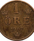 1907 1 Ore Sweden Coin Oscar II