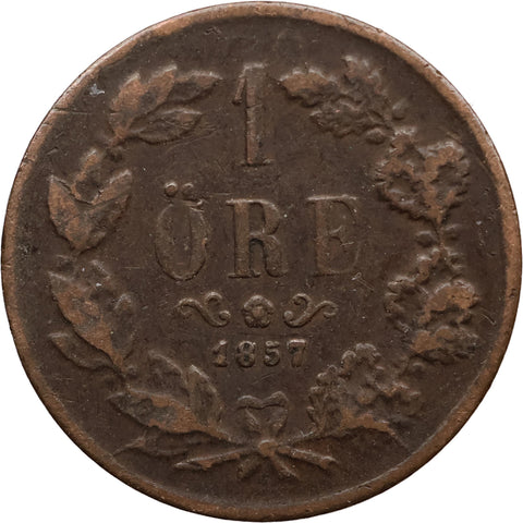 1857 LA 1 Öre Sweden Coin Oscar I Kungsholmen Mint