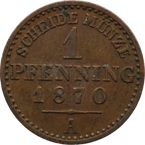 1870 A 1 Pfenning Kingdom of Prussia Coin William I