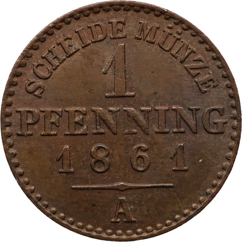 1861 A 1 Pfenning Kingdom of Prussia Coin William I