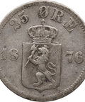 1876 25 Öre Norway Coin Silver Oscar II