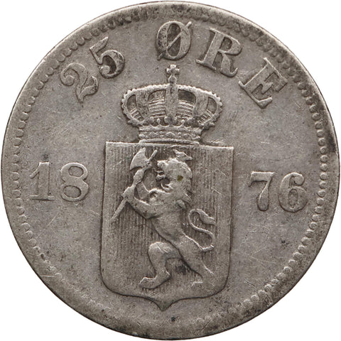 1876 25 Öre Norway Coin Silver Oscar II