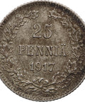 1917 25 Penniä Finland Nicholas II of Russia Coin Civil War Coinage without crown