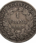 1887 A 1 Franc Coin France Paris Mint
