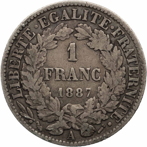 1887 A 1 Franc Coin France Paris Mint