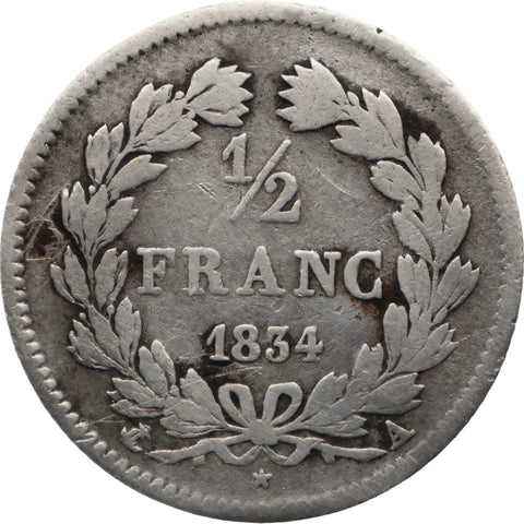 1834 A Half Franc France Coin Louis-Philippe I Silver Paris Mint