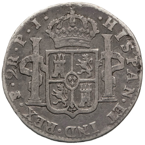 1808 PTS PJ 2 Reales Bolivia Coin Charles IV Silver Overdate