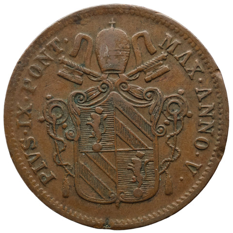 1850 R 1 Baiocco Pope Pius IX Papal Coin Closed wreath Rome Mint