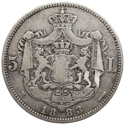1883 B 5 Lei Romania Coin Silver Carol I Edge 6 Stars