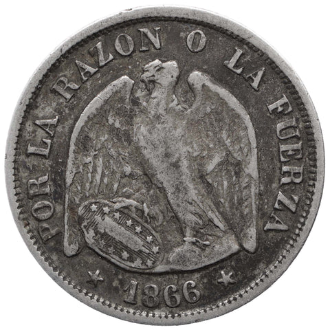 1866 20 Centavos Chile Coin Silver Santiago Mint