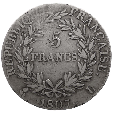 1807 L 5 Francs Napoleon I Coin France Silver Bayonne Mint