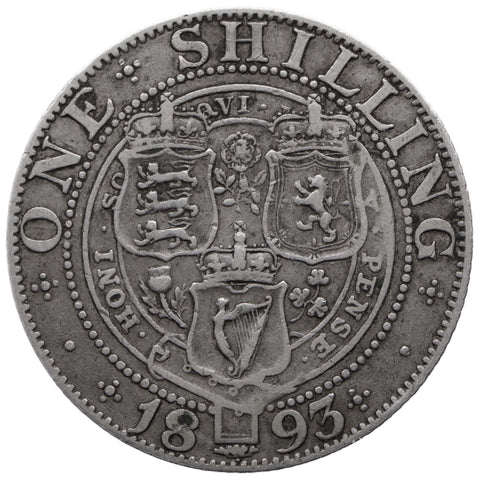 1893 Shilling Queen Victoria UK Silver Coin 3rd portrait; 'Old Head'