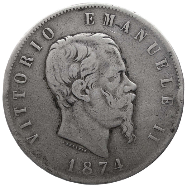 1873 M 5 Lira Italy Victor Emmanuel II Silver Coin Milano Mint